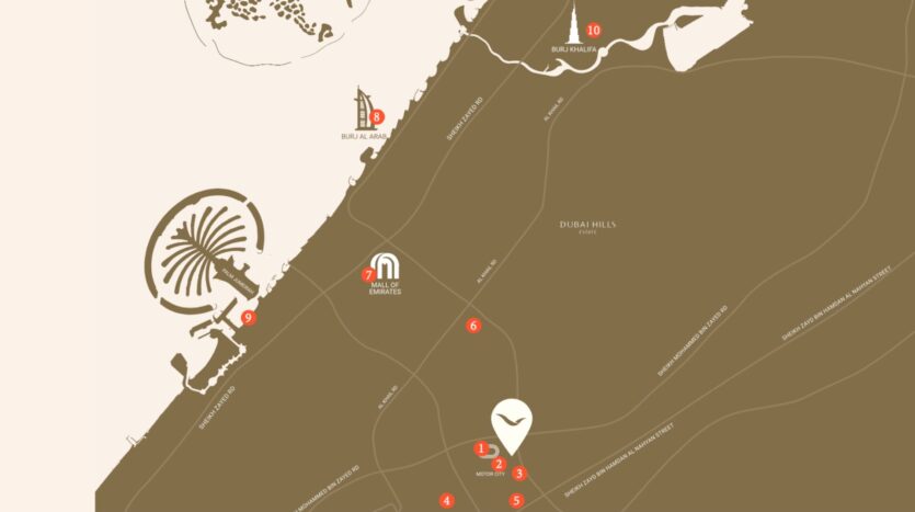 Carte stylisée présentant les sites emblématiques et les itinéraires de Dubaï, notamment les résidences Mövenpick, Palm Jumeirah (à gauche), le Burj Al Arab, le Mall of the Emirates, le Burj Khalifa, Dubai Hills, ainsi que des repères numérotés reliés par des lignes blanches.