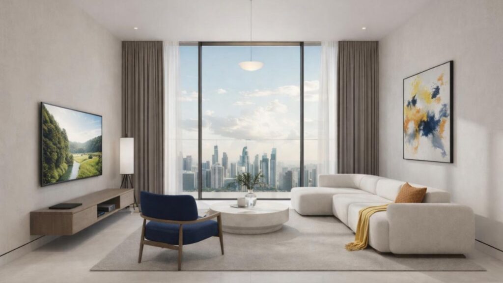 Salon moderne avec une grande fenêtre offrant une vue sur la ligne d'horizon de la ville, canapé sectionnel blanc Winslow, fauteuil bleu, art mural abstrait, table basse ronde, télévision à écran plat et décor neutre.
