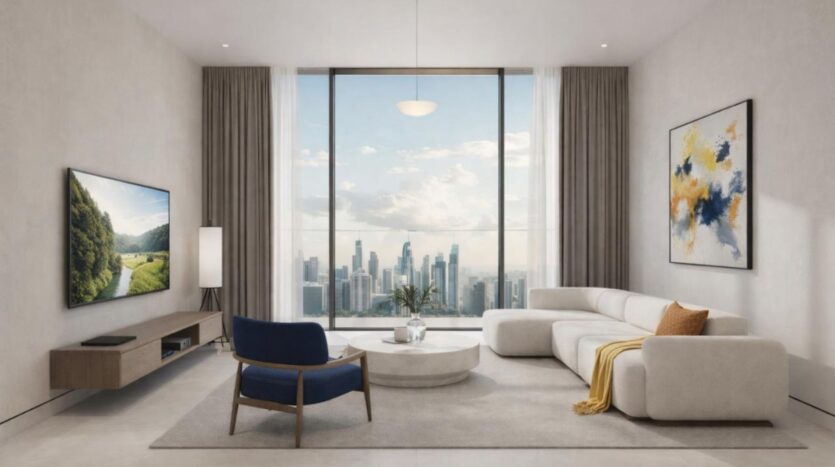 Salon moderne avec une grande fenêtre offrant une vue sur la ligne d'horizon de la ville, canapé sectionnel blanc Winslow, fauteuil bleu, art mural abstrait, table basse ronde, télévision à écran plat et décor neutre.