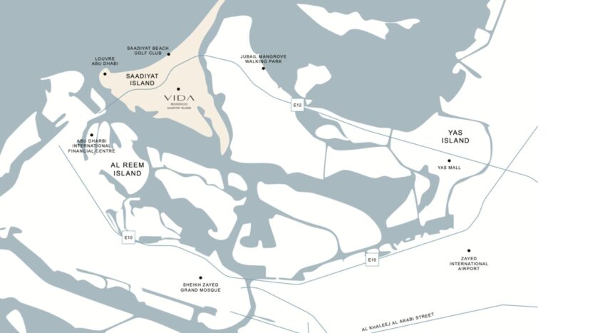 Carte montrant l'île de Saadiyat, l'île d'Al Reem, l'île de Yas, les principaux sites comme le Saadiyat Beach Golf Club, le Louvre Abu Dhabi, le Yas Mall, Vida Residences Saadiyat Island, l'aéroport international Zayed et les principaux axes routiers d'Abu Dhabi.