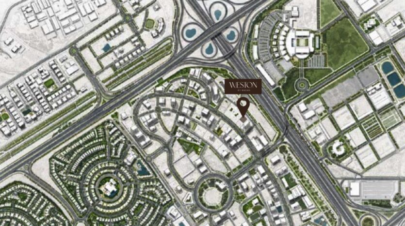 Une carte satellite d'une zone urbaine avec des routes, des bâtiments, des espaces verts et une étiquette marquée "Vesion" indiquant une localisation spécifique à Weston by Wadan.