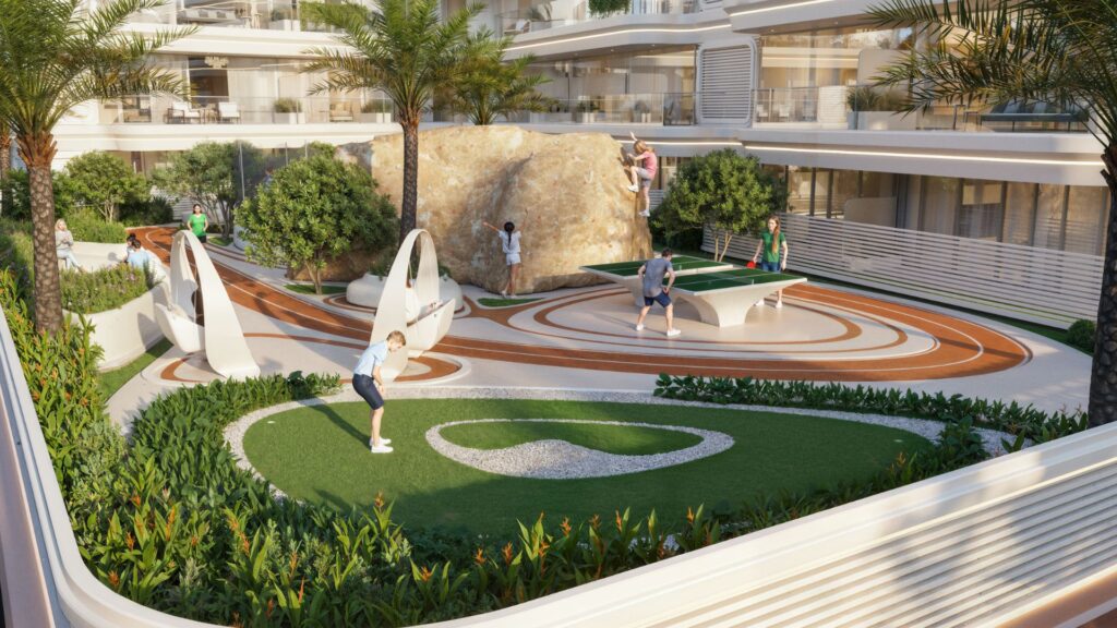 Cour moderne à Weston by Wadan avec de la verdure, des palmiers, un putting green, un gros rocher et des personnes jouant au ping-pong et au mini-golf. Des allées courbes et des bancs blancs entourent cet espace paysager animé.