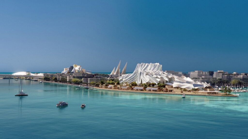 Un paysage urbain côtier moderne inspiré de Frank Gehry, avec des bâtiments blancs uniques et futuristes le long du littoral d'Abou Dhabi, entourés d'une eau d'un bleu limpide et de plusieurs bateaux amarrés à proximité sous un ciel dégagé.