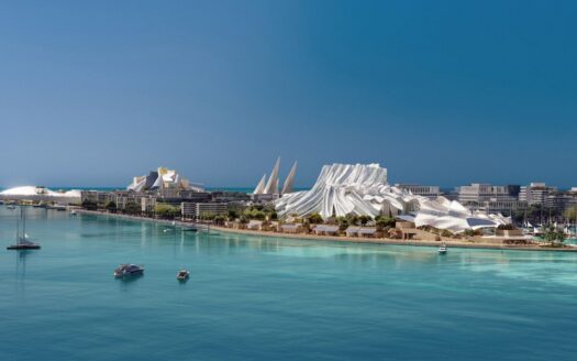 Un paysage urbain côtier moderne inspiré de Frank Gehry, avec des bâtiments blancs uniques et futuristes le long du littoral d'Abou Dhabi, entourés d'une eau d'un bleu limpide et de plusieurs bateaux amarrés à proximité sous un ciel dégagé.