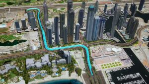 Une représentation numérique d'un paysage urbain comprenant de hauts gratte-ciel, la marina de Dubai Harbour et un chemin bleu mis en évidence qui serpente vers la Sheikh Zayed Road, illustrant un projet de pont ou d'axe de circulation traversant les bâtiments.