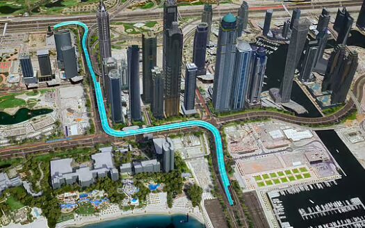 Une représentation numérique d'un paysage urbain comprenant de hauts gratte-ciel, la marina de Dubai Harbour et un chemin bleu mis en évidence qui serpente vers la Sheikh Zayed Road, illustrant un projet de pont ou d'axe de circulation traversant les bâtiments.