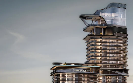 Un gratte-ciel moderne à l'architecture courbée et futuriste, doté de grandes baies vitrées, de balcons et de terrasses. Une enseigne indiquant « Mansory Residences » est visible à un certain étage — l'endroit idéal pour les investisseurs en quête de luxe sous le ciel dégagé de la ville.