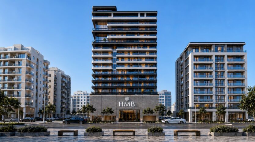 Le Beverly Crown, un gratte-ciel moderne signé HMB, se dresse fièrement, avec son enseigne emblématique, au milieu d'immeubles d'habitation de hauteur moyenne, d'arbres et d'une circulation animée. Des bancs et le trottoir agrémentent le premier plan sous un ciel bleu limpide.