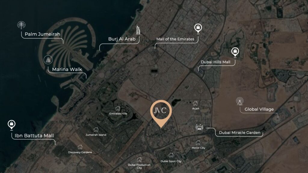 Une carte satellite de Dubaï met en évidence les principaux sites — Palm Jumeirah, Marina Walk, Burj Al Arab, Mall of the Emirates, Dubai Hills Mall, etc. —, avec le complexe « Beverly Crown » de HMB et JVC mis en avant au centre.