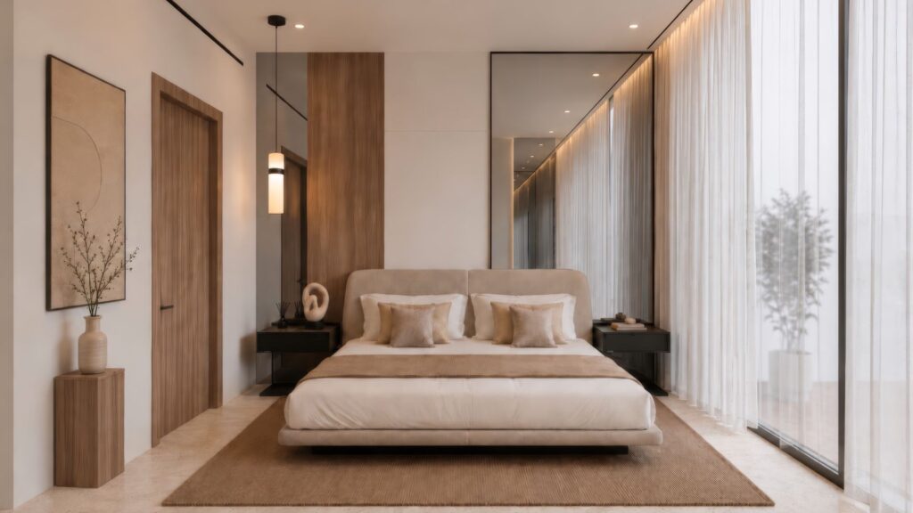 Chambre à coucher minimaliste comprenant un lit « Beverly Crown » de couleur beige de la marque HMB, deux oreillers, des touches de bois, une décoration moderne et de grandes baies vitrées ornées de voilages laissant entrer la lumière naturelle. On aperçoit une plante à l'extérieur de la fenêtre.