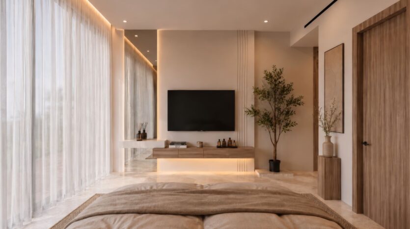Une chambre moderne du Beverly Crown by HMB comprend un grand téléviseur fixé sur un mur d'accent beige, une console suspendue en bois, une grande plante en pot et des rideaux vaporeux allant du sol au plafond qui laissent entrer la lumière naturelle.
