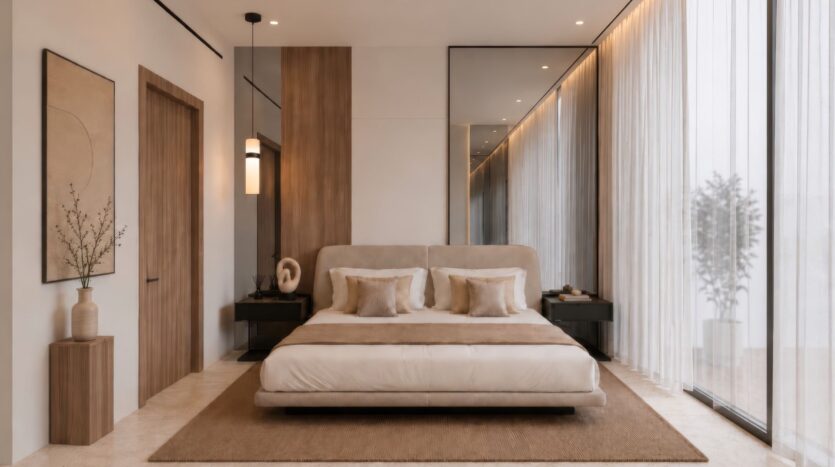 Chambre à coucher minimaliste comprenant un lit « Beverly Crown » de couleur beige de la marque HMB, deux oreillers, des touches de bois, une décoration moderne et de grandes baies vitrées ornées de voilages laissant entrer la lumière naturelle. On aperçoit une plante à l'extérieur de la fenêtre.