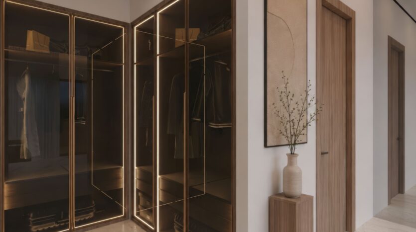 Un couloir moderne avec des portes en bois, une armoire vitrée à l'éclairage chaleureux et un vase minimaliste posé sur un socle en bois, sous une œuvre d'art abstraite accrochée au mur — mettant en valeur l'élégante couronne « Beverly » de HMB.