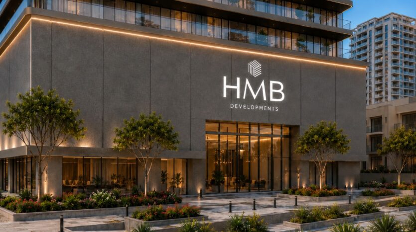 Un immeuble moderne doté de grandes baies vitrées et de l'enseigne lumineuse « HMB Developments » au-dessus de l'entrée ; une végétation luxuriante et des arbres encadrent le Beverly Crown by HMB, avec en toile de fond d'autres immeubles de grande hauteur.