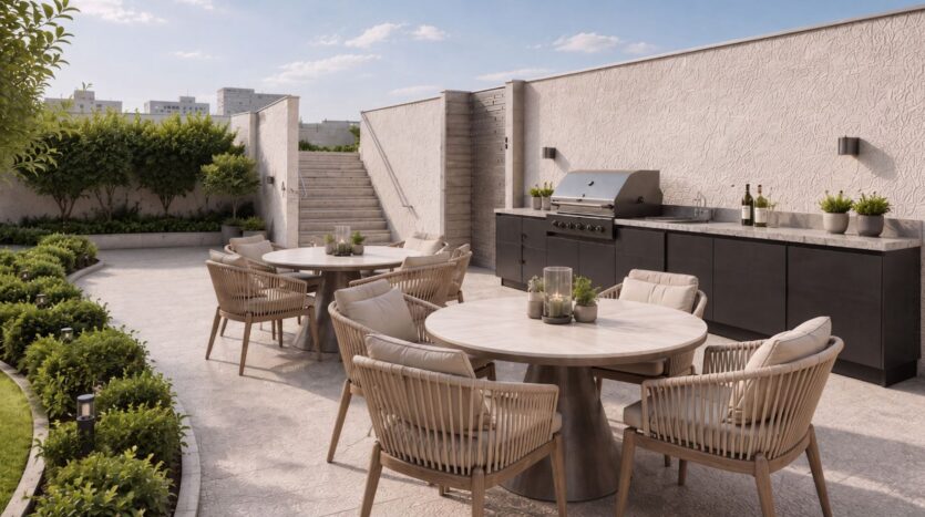 Une terrasse extérieure moderne, agrémentée de tables rondes et de chaises en osier, d'un barbecue encastré et d'armoires noires de la gamme « Beverly Crown by HMB » qui longent le mur, de plantes en pot posées sur les plans de travail et d'arbustes verts qui bordent l'espace sous un ciel dégagé.