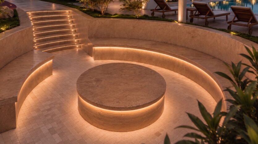 Un coin salon circulaire en contrebas, aménagé en pierre beige et délicatement éclairé par des lumières LED aux teintes chaudes, crée une ambiance accueillante au Beverly Crown by HMB. Des marches dotées de lumières encastrées mènent vers le bas, tandis que des chaises longues et des plantes vertes luxuriantes encadrent le décor au bord de la piscine.