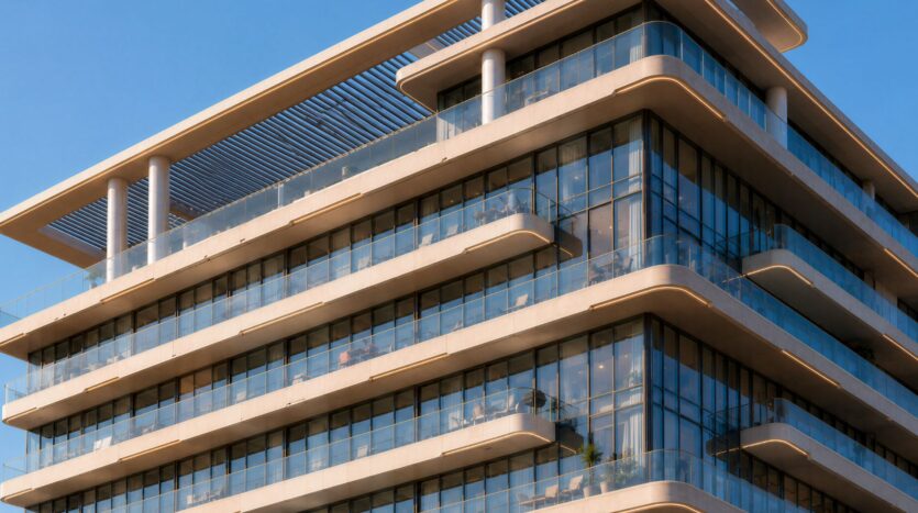 Cet immeuble moderne de plusieurs étages, aux angles arrondis, doté de grandes baies vitrées et de balcons, se reflète dans le ciel bleu limpide. Parmi les détails architecturaux du Beverly Crown, conçu par HMB, on retrouve des lignes épurées et une pergola aménagée sur le toit.