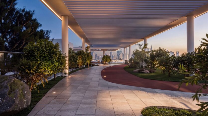 Une passerelle moderne et couverte du complexe Beverly Crown, conçu par HMB, avec ses allées carrelées et rouges bordées de plantes luxuriantes et d'arbres, offre une vue sur les toits de la ville au coucher du soleil, sous un ciel bleu.