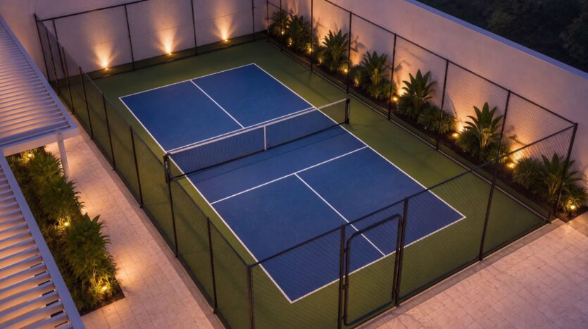 Le court de tennis extérieur moderne et bien éclairé du complexe Beverly Crown by HMB se caractérise par un revêtement bleu et vert, de hautes clôtures et une végétation luxuriante le long des côtés, le tout mis en valeur le soir par un éclairage chaleureux.