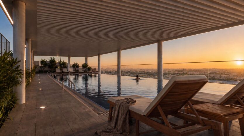 Piscine à débordement moderne sur le toit au coucher du soleil, avec une personne en train de nager au Beverly Crown by HMB. Des chaises longues en bois, accompagnées de serviettes, sont disposées au bord de la piscine, entourées de plantes et offrant une vue sur la ville à travers les balustrades en verre. Un éclairage chaleureux renforce l'atmosphère sereine.