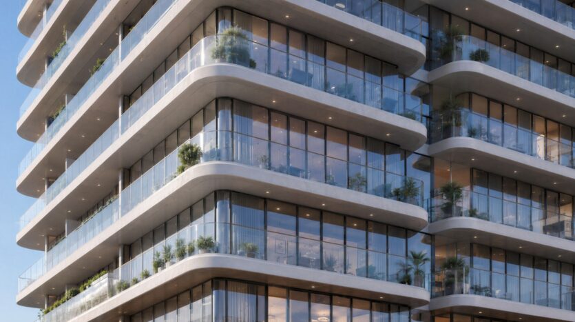 Gros plan sur le Beverly Crown de HMB, un immeuble moderne doté de balcons incurvés, de balustrades en verre et de grandes baies vitrées allant du sol au plafond. Des plantes verdoyantes bordent chaque balcon, conférant à l'ensemble un aspect frais et contemporain.