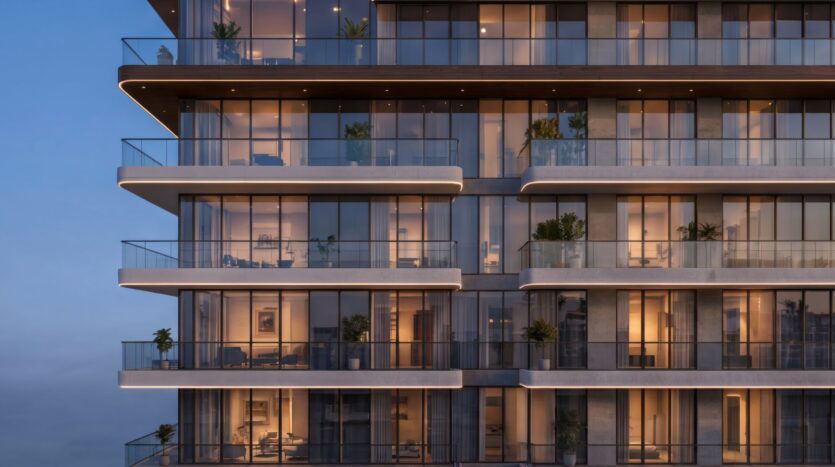 Beverly Crown by HMB présente un immeuble d'appartements moderne au crépuscule, doté de grandes baies vitrées, d'intérieurs illuminés et de balcons spacieux agrémentés de plantes et d'un mobilier d'extérieur élégant.