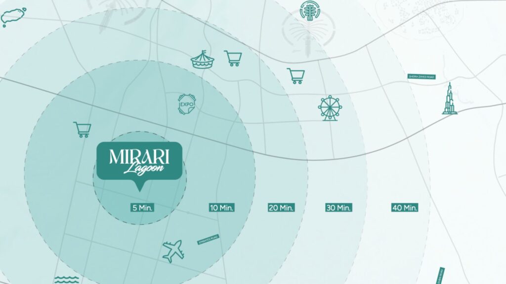 Carte représentant la lagune de Mirari, dessinée par Zoya, au centre, entourée de cercles concentriques portant les indications « 5 », « 10 », « 20 », « 30 » et « 40 minutes ». Des icônes représentant l'aéroport, des caddies, des manèges et des attractions apparaissent autour de ces cercles.