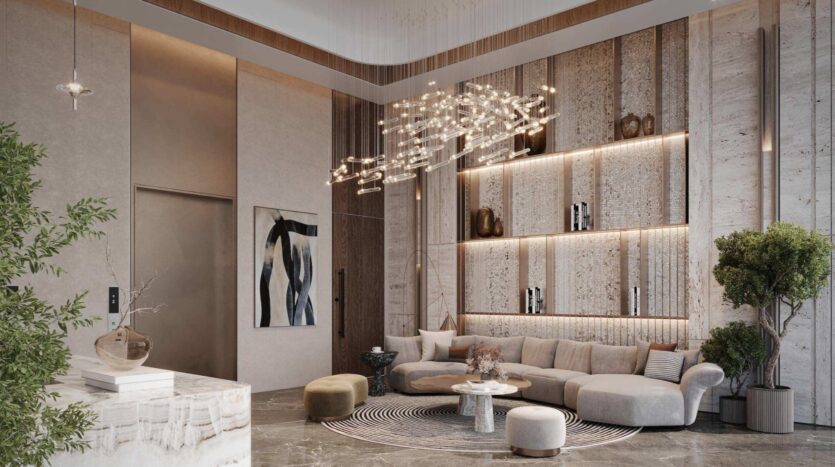 Un salon moderne avec un canapé beige aux lignes courbes, une table en marbre, des œuvres d'art abstraites, des étagères décoratives, de grandes plantes d'intérieur et un lustre sculptural sous de hauts plafonds aux tons neutres et à l'éclairage chaleureux — le tout parfaitement mis en valeur par l'élégance sereine de « Mirari Lagoon » de Zoya.