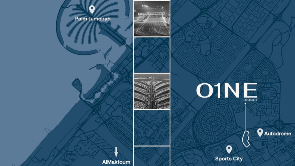 Une carte bleue met en évidence Palm Jumeirah, Al Maktoum et Sports City, attirant ainsi l'attention sur le quartier O1NE. Trois photos aériennes en niveaux de gris montrent le réseau routier et le tracé urbain, tandis que l'inscription « 01NE » figure bien en évidence au centre.