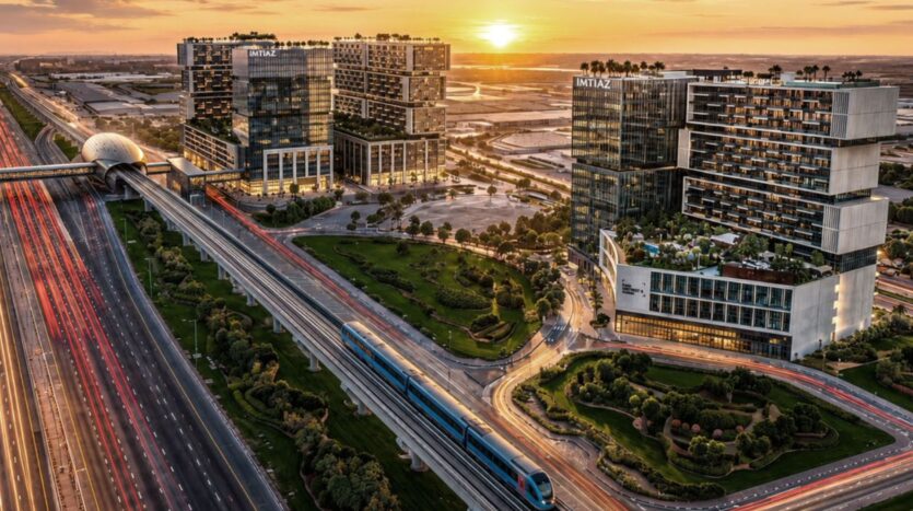 Un paysage urbain moderne au coucher du soleil, mettant en scène de grands immeubles de bureaux, une rame de métro circulant sur des voies surélevées, des autoroutes très fréquentées, des espaces verts et le soleil se couchant en arrière-plan, inspiré du style urbain de « Raw District 2 » d'Imtiaz.