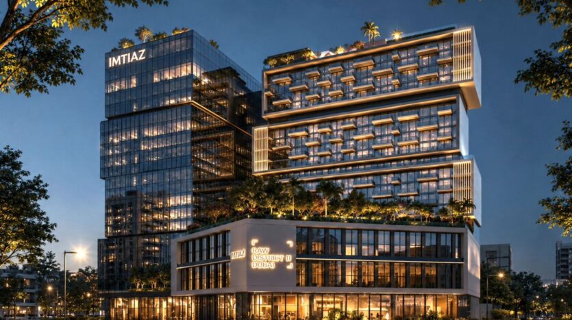 Immeuble moderne de plusieurs étages au crépuscule, avec de grandes baies vitrées, des balcons illuminés, un toit végétalisé et les enseignes « IMTIAZ » et « RAW OYSTERS 10 DUBAI » — Raw District 2 par Imtiaz —, entouré d’arbres et des lumières de la ville.