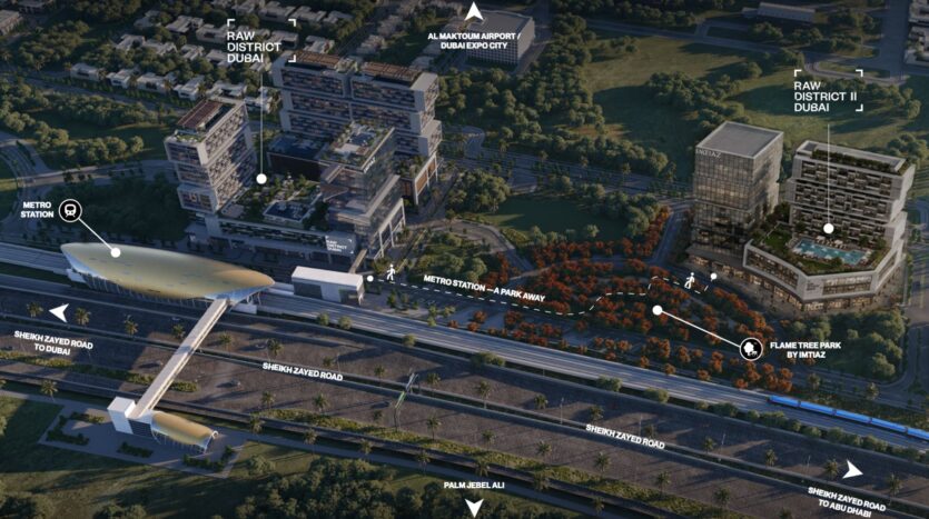 Vue aérienne du quartier Raw District 2 réalisée par Imtiaz, avec indication des bâtiments, de la station de métro, des routes, des espaces verts et des parcs — notamment le Palm Tree Park —, ainsi que de la Sheikh Zayed Road et des axes menant à l'aéroport Al Maktoum et à Dubai Expo City.