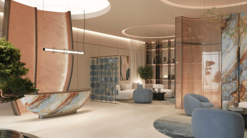 Salon moderne et élégant, avec ses touches de marbre aux lignes courbes et de bois, son mobilier bleu et beige, ses plantes, ses tapis abstraits et son éclairage tamisé : Vue Dorée crée une atmosphère luxueuse et sereine.