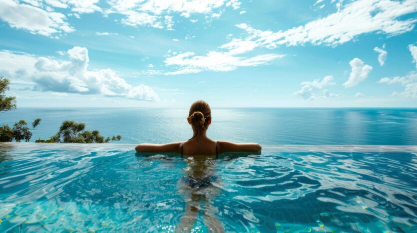 Une personne se détend dans la piscine à débordement du Vue Dorée, face à un océan calme sous un ciel d'un bleu éclatant parsemé de nuages épars. On aperçoit des arbres sur la gauche, et la lumière du soleil se reflète à la surface de l'eau.