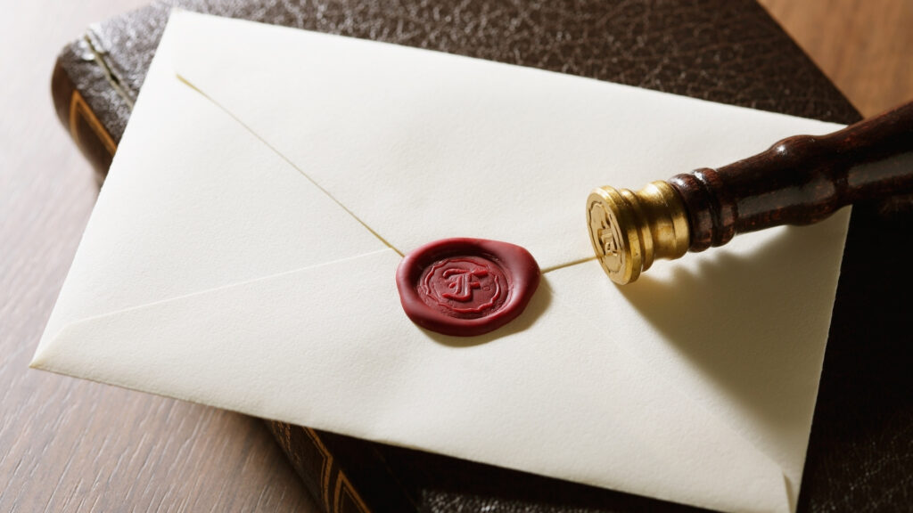 Une enveloppe scellée de couleur crème, ornée d’un cachet de cire rouge apposé à l’aide d’un tampon en laiton, repose sur un livre marron fermé, posé sur une surface en bois : un geste élégant, idéal pour inviter ses proches ou pour envoyer une invitation sophistiquée à Dubaï mettant en avant les atouts de cette ville.