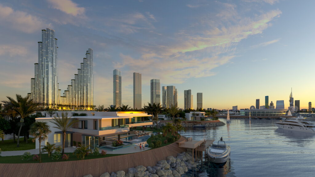 Un paysage urbain moderne en bord de mer au coucher du soleil, avec de grands gratte-ciel de verre, des villas de luxe dotées de piscines, des palmiers et un port de plaisance abritant des yachts : cette vision époustouflante reflète l’ambition du projet HOLM Development en Géorgie. Les eaux calmes font le reflet des bâtiments et du ciel, illustrant ainsi une alliance harmonieuse entre art de vivre luxueux et design contemporain.