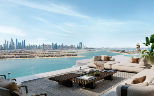 Une terrasse luxueuse sur le toit, dotée d'un mobilier moderne, donne sur un cours d'eau aux eaux turquoise et offre une vue panoramique sur les toits de la ville, permettant d'avoir un aperçu du marché immobilier dynamique de Dubaï — une expérience qui reflète les chiffres en hausse de la ville en juin 2026.