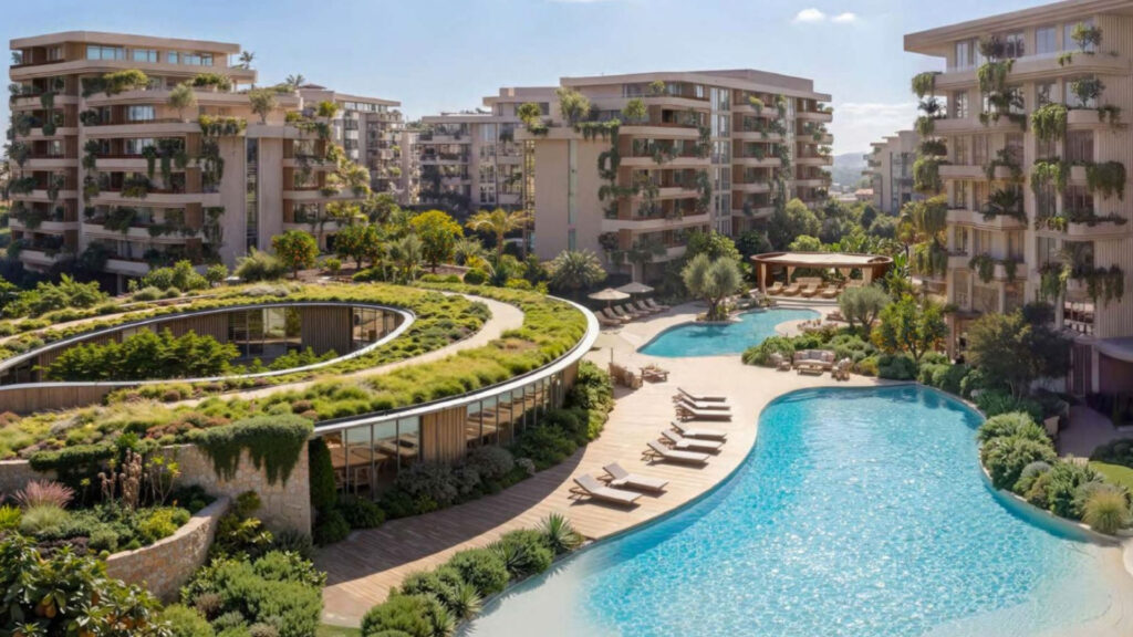 Complexe hôtelier de luxe doté de jardins luxuriants, d’un bâtiment aux toits verts incurvés, de transats et d’une grande piscine extérieure. Plusieurs immeubles d'appartements modernes, dotés de balcons et agrémentés de plantes, entourent l'espace piscine sous un ciel bleu clair et ensoleillé. Alors que certains se demandent pourquoi certains clients renoncent à investir à Dubaï, ce complexe met en avant la beauté et l'attrait qui continuent d'attirer des visiteurs avertis du monde entier.